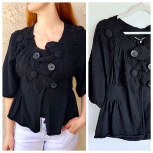 Anthropologie Knitted & Knotted Flower Thicket Applique Cardigan in Black Size M